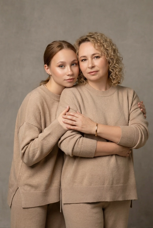 Используй эти два фото мамы и дочери и создай для них студийный портрет в чистом и элегантном стиле. Они стоят рядом, очень близко друг к другу. Дочь мягко обнимает маму за руку и слегка к ней прижимается со спины. Мама сложила руки перед грудью. Образ минималистичный, современный и стильный. На руке у матери тонкий золотой браслет. Профессиональный макияж и прическа.  Не менять черты лица ни на 1 процент. Фон — нейтральный серый с мягкой текстурой. Освещение рассеянное, мягкое, подчёркивающее естественные тона кожи. Атмосфера тёплая, нежная и спокойная, в стиле журнальной съёмки. Обе в свободных стильных бежевых свитерах и брюках.