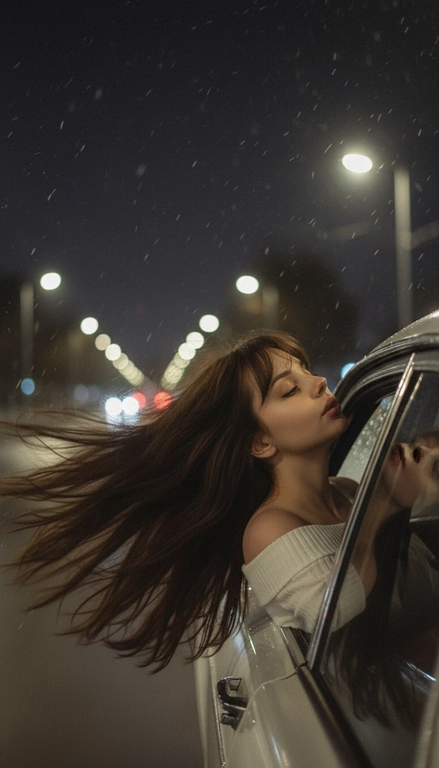 Создайте фото, где я высунула голову из окна машины в тёмную, мечтательную, размытую, винтажную ветреную ночь, в белом трикотажном топе с открытыми плечами. ракурс боковой. Голова чутка откинута назад. Машина в движении.  Выражение лица мечтательное, губы немного приоткрыты. Волосы развеваются в движении. Сохраните детали лица в точности. Пожалуйста, не изменяйте черты лица и оставь таким, какое оно есть.