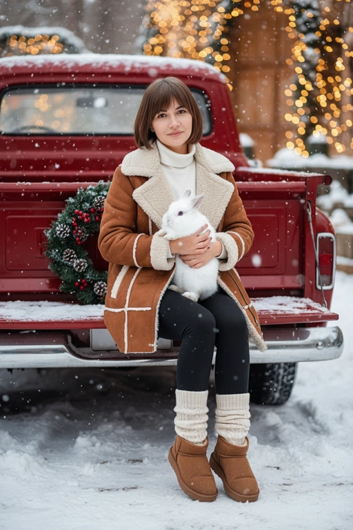 Портрет молодой женщины, сидящей на кузове винтажного красного грузовика. Девушка держит на руках животное. На ней коричневая дубленка с белой окантовкой из овчины по воротнику, манжетам и карманам, под дубленкой белый свитер с горловиной, черные лосины тканевые без блеска, на ногах укороченные, высотой до щиколоток коричнево-бежевые угги на платформе и кремовые гетры до середины икр, выглядывающие из уггов. 
Девушка смотрит в камеру, на ее лице легкая улыбка. 

На грузовике — праздничный рождественский венок. На земле лежит снег.

Мягкий снег падает. Атмосфера — реалистичная, теплая и немного кинематографичная. Сияющие рождественские огоньки и украшения создают яркую теплую атмосферу. Разрешение 8K, акцент на текстуру одежды, снег и сверкающие огоньки на заднем фоне. —ar 3:4 —v.

Не меняй черты лица.  Держит на руках белого кролика