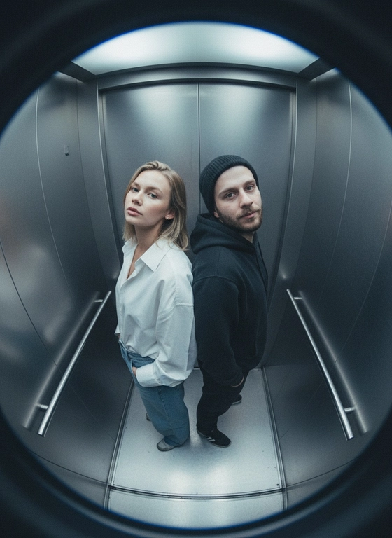 Используй предоставленные изображения и создай фото с двумя людьми в лифте с металлическими стенами. Цветовая гамма с преообладанием серых металлических оттенков. Кадр снят с максимально верхнего ракурса, люди будто заглядывают в камеру, их головы подняты наверх, взгляд в камеру. Легкий эффект fish eye. Реалистичное фото. Зернистость пленочного фото, насыщенные цвета, стиль фото y2k. Сохрани черты лица людей. Они стоят спиной друг к другу. Руки в карманах.