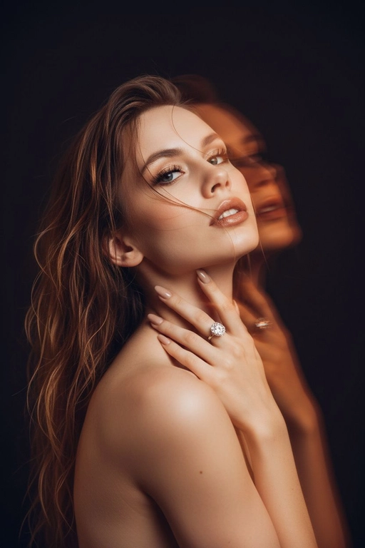 Создайте портрет женщины с длинными, волнистыми, влажными волосами, свободно ниспадающими на плечи, некоторые пряди прилипают к лицу. Она чувственно смотрит в камеру, слегка откинув голову назад, словно наслаждаясь мгновением покоя или чувственности. Её рука нежно лежит на шее, на пальце – эффектное сверкающее кольцо. Плечи опущены. Тёмный, почти однотонный и размытый фон подчёркивает силуэт и лицо женщины. Весь образ мастерски передан с помощью размытия в движении и световых бликов, которые создают ощущение естественного, сказочного движения головы и руки. Мягкие, тёплые тона, лёгкое свечение кожи и губ создают интимную, чувственную и таинственную атмосферу. Эффекты: размытие в движении, художественная длительная выдержка, тёплые тона, атмосфера сновидения. Макияж выразительный: длинные чёрные ресницы, бежевые тени с лёгким мерцанием, выразительные контуры и румяна, безупречная кожа и пухлые губы с нюдовым блеском и тёмно-коричневым карандашом для губ. Ухоженные брови с эффектом Bravenlifting. Длинные, заостренные ногти. Реалистичное фото, как будто снято на профессиональную камеру. Сохраните черты лица такими, какие они есть.