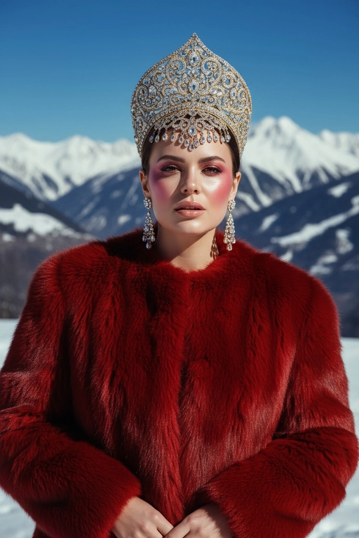 Создай портрет на открытом воздухе в стиле высокой моды, вдохновлённый редакционной фотографией Vogue. Человек элегантно позирует на фоне заснеженных гор под ярким солнечным светом. На заднем плане кинематографический альпийский пейзаж с чистым небом и свежим воздухом. Модель одета в роскошную красную шубу с плотной текстурой, украшенная детализированным ювелирным головным убором похожий на кокошник и подходящими серьгами, которые сверкают на свету. Кожа светящаяся, губы слегка приоткрыты, макияж с ярким румянцем и глянцевым финишем. Освещение яркое, насыщенное и кинематографическое, подчёркивающее контраст между красной шубой и холодными тонами заснеженных гор. Стиль: мода Vogue, высокая мода, ультрареализм, богатая цветовая палитра, разрешение 8К, естественный солнечный.