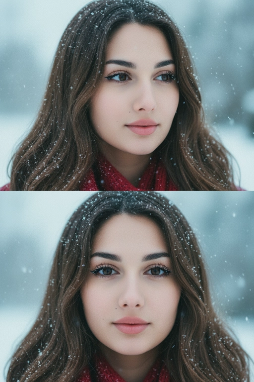 Создай коллаж из двух кадров человека, снятых крупным планом на улице зимой. Камера расположена близко, чтобы в кадре были видны лицо, шея и часть одежды. Главный акцент — на лице, глазах и снежинках, которые легли на волосы и ресницы.

Освещение мягкое, естественное, как в пасмурный зимний день. Вокруг падает лёгкий снег, отдельные снежинки чётко видны в воздухе и на коже. Фон — мягко размытый, с холодными оттенками (бело-голубой, серо-синий).

Первый кадр — человек смотрит в сторону, выражение мягкое, задумчивое, естественное. Крупный план лица, видно часть красного шарфа.
Второй кадр — прямой взгляд в камеру, нейтральное или лёгкое выражение лица, ресницы в снегу. Крупный план лица, видно часть красного шарфа.

Кожа чистая и естественная, без ретуши, текстура лица и губ сохранена. Фото выглядят как профессиональная зимняя портретная съёмка крупным планом, с эффектом свежести и спокойствия.

Оба кадра объединены в вертикальный коллаж в едином тоне и свете. Атмосфера — реалистичная, теплая и немного кинематографичная.