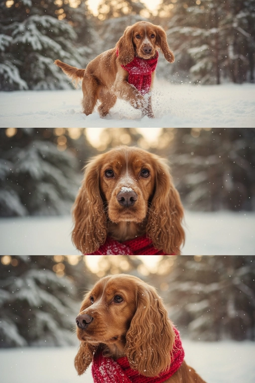     Коллаж из 3-Х фото моего питомца на зимнем фоне в снегу. Питомец в вязаном шарфе, вокруг падает снег, на заднем плане заснеженный лес.

Первый кадр — питомец в полный рост. Он играется со снегом 

Второй кадр — крупный план, увеличенный кадр мордочки питомца с одной снежинкой на носике. Мордочка питомца занимает весь кадр, взгляд прямо в камеру 
 
Третий кадр - портрет питомца, он смотрит в левую сторону. На фото виден шарф, на шарфу есть снежинки 

Три кадра объединены в вертикальный коллаж в едином тоне и свете. Атмосфера — реалистичная, теплая и немного кинематографичная.
Свет мягкий, утренний.  Цвет шарфа - красный 