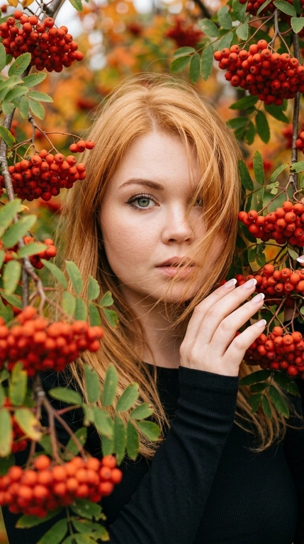 Фотореалистичный крупный осенний портрет женщины среди густых веток красной рябины. Женщина находится очень близко к веткам и гроздьям рябины. Лицо в основном остаётся открытым и хорошо читаемым: один глаз полностью хорошо виден и находится в фокусе, часть второй стороны лица мягко прикрыта длинной передней прядью волос. Волосы не должны полностью закрывать лицо. Они лишь частично проходят по одной стороне лица, мягко перекрывая часть щеки, край губ и небольшую часть носа. Взгляд направлен прямо в камеру. Одна рука поднята к лицу, аккуратный французский маникюр.

Гроздья красной рябины находятся сверху, по бокам и частично на переднем плане, мягко обрамляя лицо. Ягоды и ветки не должны сильно перекрывать центральную часть лица. Некоторые гроздья на переднем плане слегка размыты, но композиция остаётся естественной и не перегруженной. Лицо мягко обрамлено ветками, создавая эффект скрытого, но всё ещё хорошо читаемого портрета в природе.

Мягкий рассеянный свет пасмурного осеннего дня, естественные тени на лице, приглушённый фон и насыщенные, но реалистичные красные оттенки ягод. Лёгкая плёночная зернистость и мягкая осенняя цветокоррекция без чрезмерной обработки.

Макияж выразительный, но естественный: подчёркнутые ресницы и красный оттенок губ. На женщине чёрный облегающий верх с длинными рукавами. Реалистичная текстура кожи, естественная детализация волос, без пластиковой кожи, без чрезмерной резкости, без глянцевой ретуши и без AI-эффекта.


Причёска: Распущенные волосы свободно спадают на одну сторону лица и частично перекрывают его. Основная масса волос мягко лежит вдоль щеки и скулы, закрывая часть лица так, что хорошо виден один глаз, часть носа и скулы. Несколько тонких передних прядей естественно проходят по лицу и слегка двигаются от лёгкого ветра. Причёска выглядит живой, мягкой и немного небрежной, создавая эффект скрытого портрета.