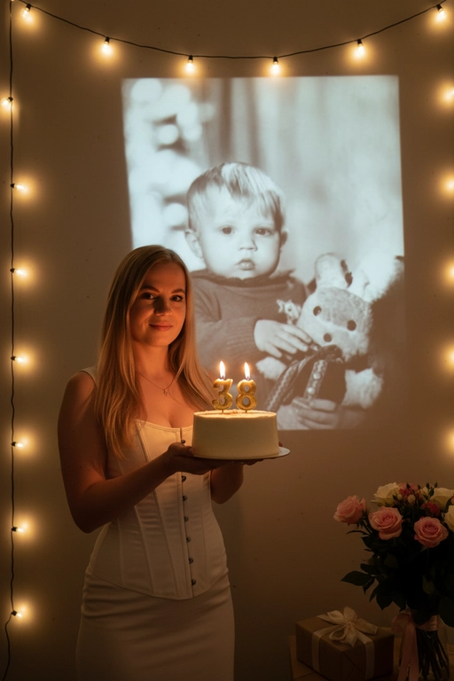 Создай ультрареалистичное фото, сделанное на камеру телефона в комнате, где изображен человек, который держит бенто торт с горящими золотыми свечами. В качестве фона на однотонную стену проецируется фотография из детства. Спроецированное фото занимает большую часть фона. Сочетание образов взрослого человека и ребёнка на фоне создаёт тёплую, ностальгическую атмосферу, подчеркивая связь между прошлым и настоящим. На стене висят гирлянды, рядом со стеной виднеются подарки и букет цветов. Снимок выглядит очень стильным и продуманным, присутствует ощущение праздника и воспоминаний. Не меняй внешность, полностью сохрани черты лица. Свечи на торте в форме числа 38. Женщина одета в молочное корсетное платье.