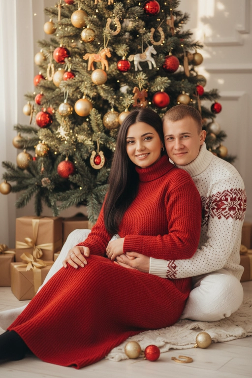 Используй предоставленные изображения и создай фото из домашней новогодней фотосессии. Не меняйте черты лица. . В кадре мужчина и женщина, они сидят на полу в обнимку, улыбаются и смотрят в камеру. Мужчина обнимает женщину сзади за талию. На женщине надето вязаное длинное платье с длинными рукавами. На мужчине вязаный свитера и штаны. На заднем плане стоит наряженная елка с игрушечными шарами, игрушечными лошадками, игрушечными подковами. Под елкой разложены подарочные коробки, перевязанные золотыми лентами. Рядом с парой лежат несколько елочных игрушек как на елке. Фотография выполнена в теплой цветовой гамме. Атмосфера уютная и праздничная. цвет платья девушки- красное, цвет свитера и штанов мужчины - белый