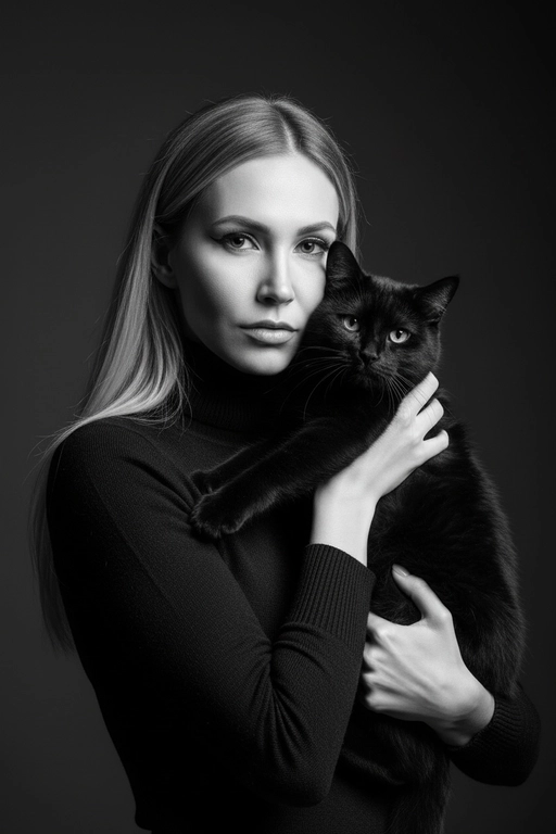 Высококонтрастный черно-белый портрет женщины в черной водолазке, держащей чёрную кошку у лица. Композиция напряжённая и интимная: оба персонажа смотрят прямо в камеру с одинаковой интенсивностью. Яркое и направленное освещение создаёт глубокие тени и подчёркивает контраст между их бледной кожей и тёмной шерстью кошки. Выражение её лица спокойное и уверенное, глаза подведены чётко, а гладкие прямые волосы естественно ниспадают на одно плечо. Фон - градиент от серого к темно-серому. Общее настроение таинственное, элегантное и кинематографичное, напоминающее портрет из модного журнала с готическим подтекстом.