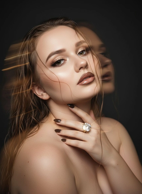 Создайте портрет женщины с длинными, волнистыми, влажными волосами, свободно ниспадающими на плечи, некоторые пряди прилипают к лицу. Она чувственно смотрит в камеру, слегка откинув голову назад, словно наслаждаясь мгновением покоя или чувственности. Её рука нежно лежит на шее, на пальце – эффектное сверкающее кольцо. Плечи опущены. Тёмный, почти однотонный и размытый фон подчёркивает силуэт и лицо женщины. Весь образ мастерски передан с помощью размытия в движении и световых бликов, которые создают ощущение естественного, сказочного движения головы и руки. Мягкие, тёплые тона, лёгкое свечение кожи и губ создают интимную, чувственную и таинственную атмосферу. Эффекты: размытие в движении, художественная длительная выдержка, тёплые тона, атмосфера сновидения. Макияж выразительный: длинные чёрные ресницы, бежевые тени с лёгким мерцанием, выразительные контуры и румяна, безупречная кожа и пухлые губы с нюдовым блеском и тёмно-коричневым карандашом для губ. Ухоженные брови с эффектом Bravenlifting. Длинные, заостренные ногти. Реалистичное фото, как будто снято на профессиональную камеру. Сохраните черты лица такими, какие они есть.