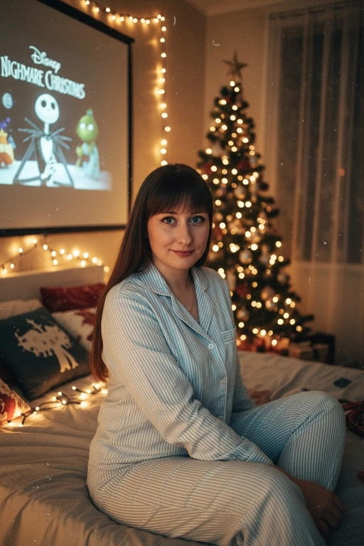 Атмосферный портрет человека, сидящий на кровати в уютной комнате. Не меняй черты лица ни на 1%. Человек смотрит в камеру. На человеке хлопковая голубая пижама в белую полоску. 
Теплое освещение от мерцающих гирлянд и рождественской ёлки. На заднем плане - проекция с фильмом или мультфильмом создающая нотку ностальгии.
Кинематографичный кадр, малая глубина резкости, волшебная и уютная атмосфера. Фото в стиле 90-х, ретро -фильтр. Зернистость Мультфильм - Disney "Гринч новогодний".