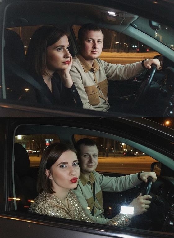 Используй предоставленные изображения и создай коллаж из двух фото, одно под другим. Первое фото сверху: Ночное фото в салоне автомобиля: мужчина за рулем смотрит вперед, его рука с часами на руке. Женщина на пассажирском сиденье, слушает его подперев щеку рукой. Съемка в стиле папарацци с эффектом зернистой пленки, атмосфера интимная. Второе фото: Девушка и парень смотрят в камеру Ночное фото папарацци крупным планом: мужчина за рулём и женщина на пассажирском сиденье смотрят в камеру. Женщина с ухмылкой и губами бантиком, мужчина слегка улыбается, положив руку на руль. Съёмка через пассажирское окно, сочетание ночного света и вспышки, эффект зернистой плёнки.