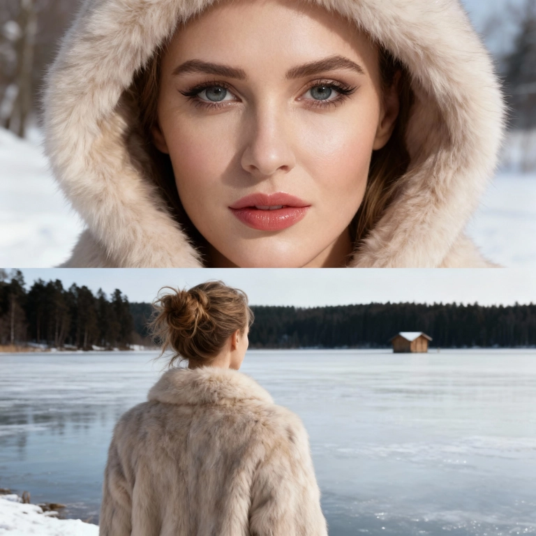 Создай коллаж не меняя черты лица. Верхний кадр (Крупный план лица в капюшоне): Детальный, крупный, чувственный портрет молодой женщины, снятый с очень близкого расстояния. Мое лицо обрамлено меховым  капюшоном светлого цвета. Фон зимний. У меня натуральный, свежий макияж (румянец, блеск для губ). Выражение лица, спокойное, взгляд в камеру. Стиль: кинематографическое качество, глянцевая фэшн-фотография, гиперреализм, мягкое, естественное, зимнее освещение. Нижний кадр (Спиной к озеру): Я в светлой меховой шубе, стою спиной к камере. У меня собраны волосы в небрежный пучок, снизу. я стою на краю, покрытого льдом озера. на горизонте видно несколько темных деревьев и небольшой деревянный домик. Стиль: портрет по пояс, пейзажная фотография, зимний романтизм, кинематографический кадр, естественное дневное освещение. Профессиональная студийная/журнальная съемка, идеальный свет, качество 8К.
