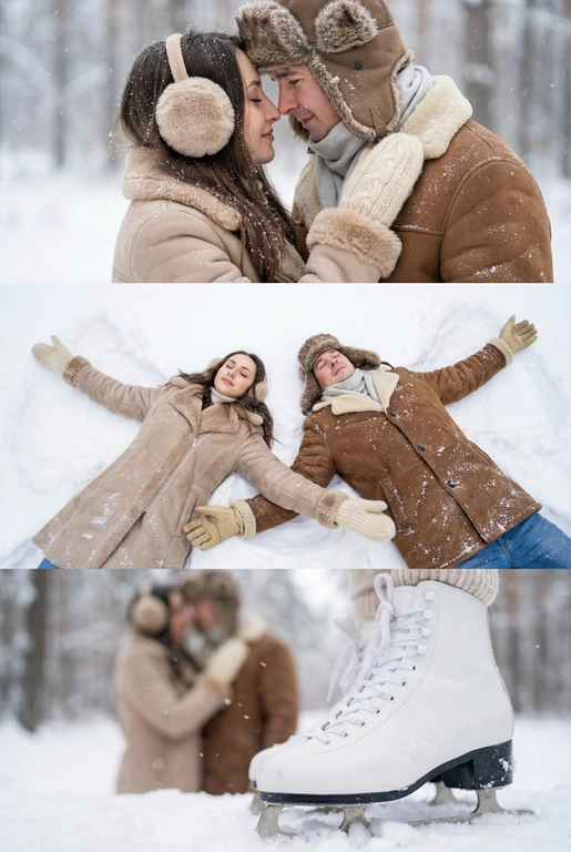   Зимняя фотосессия пары в заснеженном лесу. Мягкий дневной свет, лёгкий снегопад, холодная зимняя дымка. Она —в светло‑коричневой/бежевой дублёнке с видимым меховым воротником и манжетами и пушистых наушниках. Он — в коричневой дублёнке с меховыми манжетами, шапка- ушанка и светло-серый шарф. Атмосфера спокойная, романтичная, натуральный зимний пейзаж без лишнего декора. 

На одежде видны снежные хлопья, вещи выглядят мягкими и тёплыми.

Коллаж из трёх горизонтальных зимних кадров 

На верхней панели: Сверхкрупный план, их лбы/носы соприкасаются в нежном, интимном жесте. Ощущение близости и уюта.

На среднем панели:  Вид сверху на пару, они лежат на спине и делают снежного ангела, раскинутые руки, она в кремовых вязаных варежках, он в бежевых кожаных перчатках.

На нижней панели: Крупный план детали: белые классические фигурные коньки на фоне пары