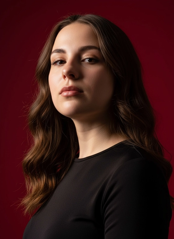 Создай портрет, используя те же черты лица (на основе загруженного фото), характеризующийся резким кинематографическим освещением и интенсивным контрастом. Снятый с немного нижнего ракурса, направленного вверх, что подчеркивает линию подбородка и шеи модели, этот портрет производит впечатление доминантности и скульптурной элегантности. Фон — глубокий, насыщенный малиново-красный, создающий яркий визуальный контраст со сияющей кожей модели и темной одеждой.
