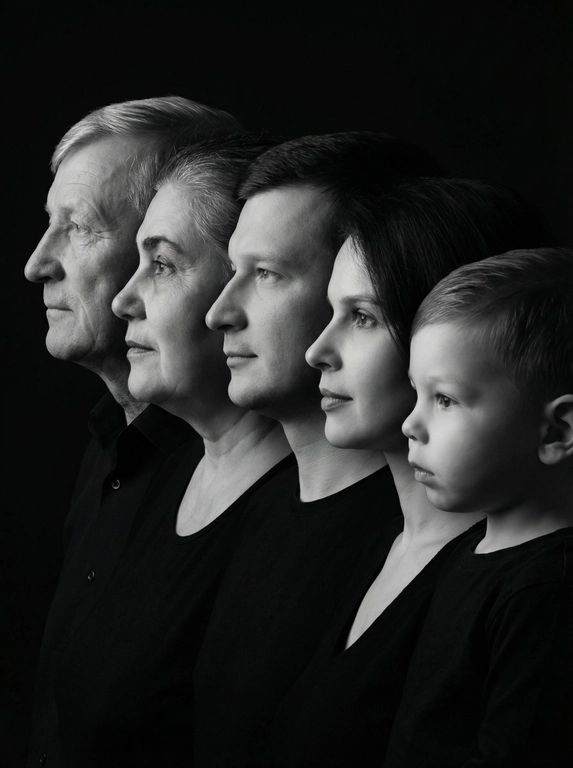 Профессиональный студийный портрет с низким контрастным светом. Головы расположены строго в одну линию. боковой профиль, взгляд влево. У всех видны только головы и немного плечи. Головы занимают весь кадр. Черный фон. Черная одежда у всех. Расположи их по убыванию возраста.