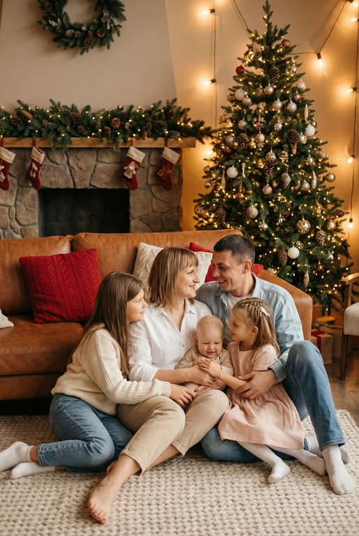   Создай трогательный кадр из профессиональной фотосессии в студии, где запечатлен момент семейной близости. Люди на фото могут быть как взрослыми так и детьми, в зависимости от предоставленных фото. Сделай так, чтобы все они смотрелись гармонично и трогательно. Фото в стиле Энни Лейбовиц, четкий фокус.

Люди в расслабленных позах на низком коричневом кожаном диване и на плотном светлом вязаном ковре. Естественные прически и минимальный макияж. 

Студия украшены в рождественском или новогоднем стиле, рядом с диваном стоит елка, позади дивана камин. Каминная полка украшена еловой гирляндой, шишками и маленькими рождественскими носочками. На диване красные декоративные подушки. В студии висят теплые гирлянды и мягко светятся.  
 
Освещение мягкое, естественное, теплое, в стиле "Золотой час", мягкие тени, камера на уровне глаз, теплый цветовой грейд (золотисто-коричневые тона), натуральные оттенки, тонкая ретушь, мягкая пленочная текстура, атмосфера уюта, семейного тепла и близости. Одежда в пастельной гамме — белые рубашки и блузы, светлые платья, джинсы и бежевые брюки
Лицо не менять. Оставить как на фото исходном виде. 
