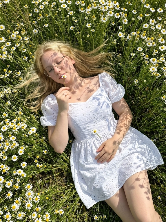 Shot on iPhone 16 Pro Max, phone is not visible in the frame.
Ultra-realistic smartphone photo, no flash, no CGI, no Al look, realistic pores and skin texture. woman lying in a dense chamomile field. Camera positioned directly above her in an almost perfectly vertical top-down angle. Full-body composition from head to knees. Body placed diagonally: head toward the upper left corner, legs toward the lower right.
Surrounded by hundreds of white chamomile flowers. Eyes closed, soft relaxed half-smile. One hand raised to her face, gently holding a chamomile stem so the flower touches her lips.
Calm, poetic atmosphere. Hair spread around her head across the grass and flowers, with a few loose strands on the cheeks and forehead. Ultra-short romantic white peasant-style dress with oversized off-shoulder puff sleeves, square neckline with front ties, voluminous layered skirt, textured broderie anglaise cotton. The skirt is lifted slightly by a gentle breeze.
Open shoulders, collarbones and legs visible. A fallen chamomile flower rests on the dress. Bright sunny daylight creates lace-like shadows from flowers and stems across the dress, face, arms and legs. Entire frame filled with chamomile flowers, green stems and wild grass. Natural iPhone colors, rich greens, clean whites, warm daylight, slightly increased contrast.
Pinterest countryside editorial aesthetic.