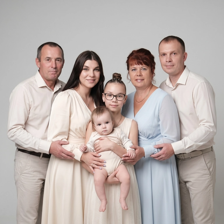 use this/these photos

Выберите стиль фото: : Кадр из профессиональной фотосессии в студии, где запечатлен момент семейный близости . Сделай так, чтобы все они смотрелись гармонично и трогательно. Люди одеты в светлые образы, подходящие по стилю фотосессии. Женщины в платьях. Освещение холодное. Фон светлый, бесшовный. Фото в стиле Энни Лейбовиц, четкий фокус. Люди смотрят в камеру с мягкой улыбкой.  Средний план.