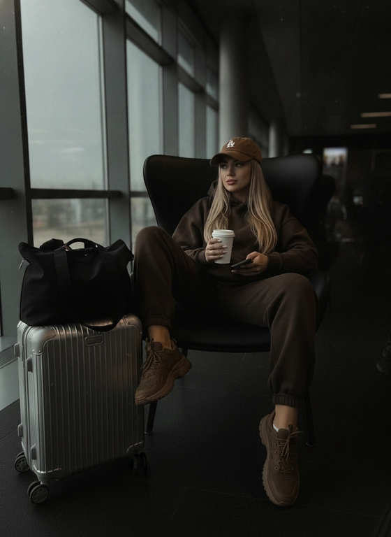 Не меняй внешность и черты лица Do not change the face Low exposure casual iPhone photo in an airport lounge Full body vertical shot slightly from above at a seated angle The girl sits relaxed in a black armchair near large panoramic windows legs spread naturally one foot closer to the camera She holds a takeaway coffee cup in one hand and a phone in the other calm tired travel pose She wears a dark brown oversized hoodie matching wide sweatpants brown LA baseball cap chunky sneakers and minimal jewelry Natural soft makeup clean skin light tone groomed brows mascara nude lips On the side stands a silver ribbed suitcase with a large black tote bag on top Dark moody airport interior window backlight realistic shadows low exposure slight noise candid smartphone photo not studio perfection