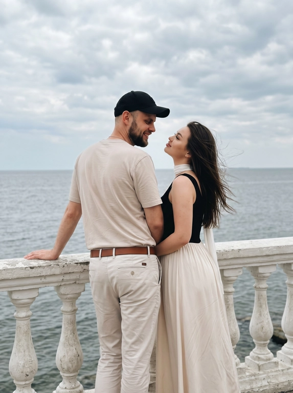 Пара стоит у белого каменного балюстрадного ограждения с видом на море. Мужчина слева, спиной к камере, корпус в 3/4 вправо, левая рука опирается на перила, голова повернута вправо к женщине, смотрит на неё с нежностью. Женщина справа, корпус в 3/4 влево, стоит очень близко к мужчине, смотрит ему в лицо снизу вверх. Одежда: мужчина — светлая бежевая футболка с коротким рукавом, светлые брюки, коричневый ремень; женщина — длинное платье с чёрным облегающим верхом без рукавов и светлой струящейся юбкой до пола, белый тонкий шарф на шее. Волосы слегка развеваются. Фон: море, пасмурное небо. Мягкий естественный свет, 50mm, лёгкое зерно.