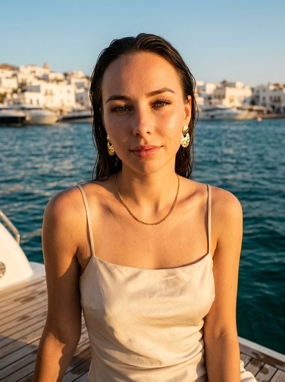 Фотореалистичное фото на яхте в золотой час. Камера: full frame, 85mm, f/2.2, ISO 100, 1/1000. Женщина сидит на яхте у воды, корпус фронтально, плечи слегка расслаблены, голова чуть поднята вверх, взгляд направлен в камеру из-под ресниц, выражение нежное, спокойное, лёгкая улыбка. Кадр по плечи.  Украшения: крупные золотистые серьги и короткая золотистая цепочка на шее. Фон: тёмно-синяя вода, яхты, светлый прибрежный город вдали, чистое голубое небо. Свет тёплый, жёсткий солнечный, средиземноморская летняя editorial-эстетика, живая детализация кожи и ткани.

Какое будет платье?: На ней платье-комбинация