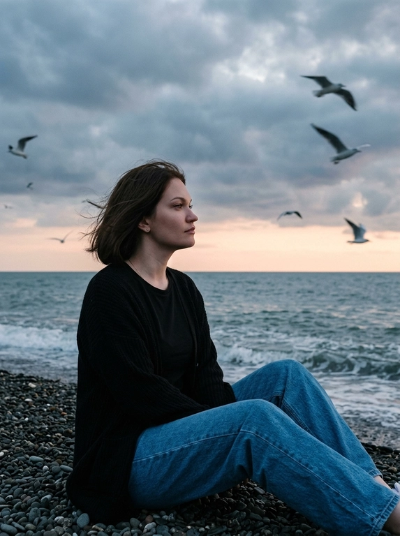 Сохранить внешность 1:1 - лицо, черты, пропорции, возраст, текстуру кожи; фото - единственный эталон. формат 3:4. Атмосферная морская сцена на закате: драматичное облачное небо, холодные голубо-серые оттенки с мягким персиковым у горизонта. Модель сидит боком на гальке у линии прибоя, корпус развернут к морю, взгляд в сторону моря. Ветер растрёпывает волосы, лицо частично перекрыто прядями (волосы развиваются ТОЛЬКО ЕСЛИ они длинные, прическа сохраняется с фото 1:1). в небе летают чайки, часть с лёгким motion blur. Одежда: чёрная базовая футболка, чёрный вязаный кардиган свободной посадки, свободные синие джинсы прямого кроя. Съёмка на винтажную плёночную камеру Kodak, объектив 35mm. Цвет в стиле Kodak Portra 400: матовые тени, мягкий контраст, натуральная цветопередача, лёгкая десатурация, выраженное плёночное зерно. Editorial-композиция, высокий фотореализм, 4K.
