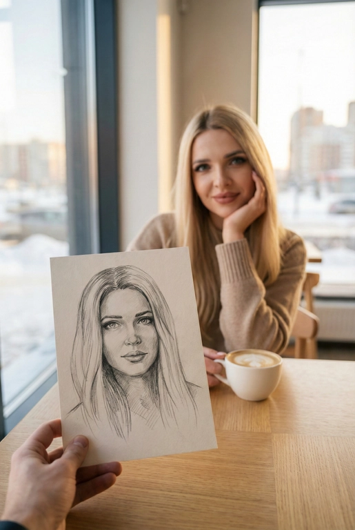 Используя загруженное эталонное фото этого человека, сохрани его черты лица, тон кожи, цвет и длину волос на 100% идентичными исходному изображению. Не меняй форму лица, индивидуальность, возраст или выражение. Сохрани реалистичную текстуру кожи и поры, избегая пластикового сглаживания или чрезмерной ретуши. Создай изображение человека с предоставленной фотографии, не изменяя его внешность и естественные особенности.
Снимок от первого лица: на переднем плане видна рука, держащая карандашный набросок портрета. На заднем плане, в легкой расфокусировке, сидит человек, по образу которого сделан этот рисунок. Композиция создает визуальный диалог между реальностью и искусством.
Человек на фоне смотрит в камеру с легкой, естественной улыбкой, подпирая щеку одной рукой и слегка наклонив голову. Макияж (если присутствует) естественный. На карандашном наброске изображено то же лицо, но с более спокойным, задумчивым и погруженным в себя выражением.
Человек на фоне одет в аккуратную, нейтральную повседневную одежду. На рисунке человек изображен в более свободном, художественном образе.
Сцена происходит в светлом, минималистичном дорогом кафе. Человек сидит за столом. На заднем плане видно большое окно с размытым городским зимним пейзажем. Перед человеком стоит керамическая белая кружка с капучино.
Золотой час. Яркий, но мягкий рассеянный дневной свет из бокового окна падает на лицо человека, создавая естественные блики и мягкие тени, подчеркивая уютную атмосферу.
Фотореалистичный стиль, имитация снимка на смартфон или цифровую камеру с портретным объективом. Малая глубина резкости (эффект боке): карандашный набросок в руке находится в идеальной резкости, а человек и фон — мягко размыты. Карандашный набросок должен выглядеть максимально реалистично, с видимой текстурой бумаги и штриховкой.