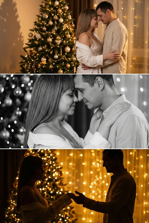 Создай новогодний кинематографичный коллаж, состоящий из трёх горизонтальных кадров друг под другом. Вечер, приглушенный свет, тёплый свет гирлянд, мягкое боке, уютная домашняя атмосфера. 

Кадр 1 (верхний): широкий план. Пара у украшенной новогодней ёлки.
Одежда: девушка в лёгкой белой рубашке, надетой свободно на шелковый топ на тонких бретельках, слегка сползающей с плеч; парень — в светлой рубашке бежево-молочного оттенка. Слабый свет гирлянд, мягкие тени, спокойный романтичный момент.

Кадр 2 (средний): крупный чёрно-белый портрет. Их лица близко, мягкое боке позади. Одежда: те же свободные рубашки, видны только верхние части — мягкая ткань, естественные складки, домашний уют. 

Кадр 3 (нижний): силуэтный кадр на фоне ярких огней. Пара тянется друг к другу. Одежда: светлые рубашки, расстёгнутые манжеты, мягко подсвеченные гирляндами. Золотой свет, много боке, тёплое новогоднее настроение.

Стиль: тёплый, нежный, интимный, романтичный, кинематографичный.