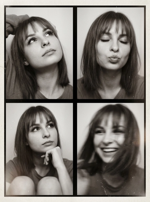 Photorealistic black-and-white vintage photobooth collage made of four frames in a 2x2 grid, separated by thin black dividers and surrounded by a slightly uneven paper border. Each frame shows the same woman in an intimate studio/photobooth setting against a plain light backdrop, captured with an authentic analog look: heavy film grain, soft contrast, halation, dusty scan artifacts, subtle scratches, and mild vignetting. Overall feel: 1990s/ early-2000s editorial photobooth print, raw and unretouched, candid "caught-between-moments" mood.
Use the uploaded photo as the basis and preserve the woman's face, makeup, likeness, and all original features without changing proportions or shape; keep natural facial micro-detail, pores, and subtle asymmetry, preserve the original head size.
Frame 1 (top-left): tight close-up, head tilted up and to the left, eyes looking upward, one arm raised behind the head, dreamy
Frame 2 (top-right): medium close-up, eyes closed, head slightly tilted, she subtly pushes/pouts her lips forward to show them (soft pout), calm playful mood; hair framing the face.
Frame 3 (bottom-left): medium close-up, seated with knees softly out of focus at the bottom, chin resting on one hand, gaze looking up to the right, thoughtful expression.
Frame 4 (bottom-right): medium close-up, the woman is laughing, but the frame is strongly blurred-heavy motion blur/defocus as if she moved during the shot; smile and face still recognizable, edges smeared, hair and hands noticeably streaked, imperfect photobooth misfire energy.
Print/scan look: monochrome with warm gray tones, slightly faded blacks, uneven exposure between frames, faint light leaks, paper texture visible, edges not perfectly straight, like a scanned photobooth print. High resolution, but intentionally imperfect, analog realism.