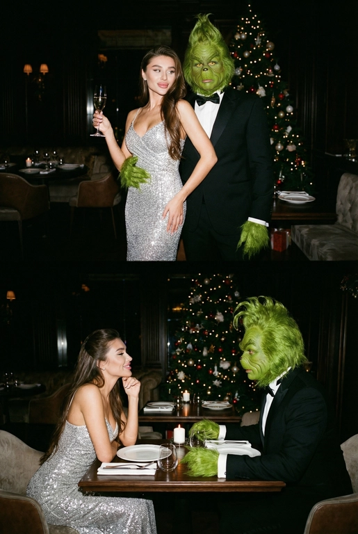 Создай 2 фото, одно под другим. У всех фото фон - темный, дорогой ресторан, видна рождественская елка. Снято на пленочный фотоаппарат, зернистость. Атмосфера ретро, 90-е годы. Верхнее фото: Женщина изящно позирует в серебристом блестящем вечернем платье с бокалом в руке, рядом со ней стоит Гринч в смокинге и приобнимает ее за талию. Нижнее фото: ракурс боковой, женщина и Гринч сидят друг на против друга за столиком в ресторане, женщина в серебристом блестящем вечернем платье, Гринч в смокинге. Живое фото, женщина томно улыбается, он смотрят друг другу в глаза. Не меняй внешность человека, не добавляй никаких рамок и расстояний между фото.