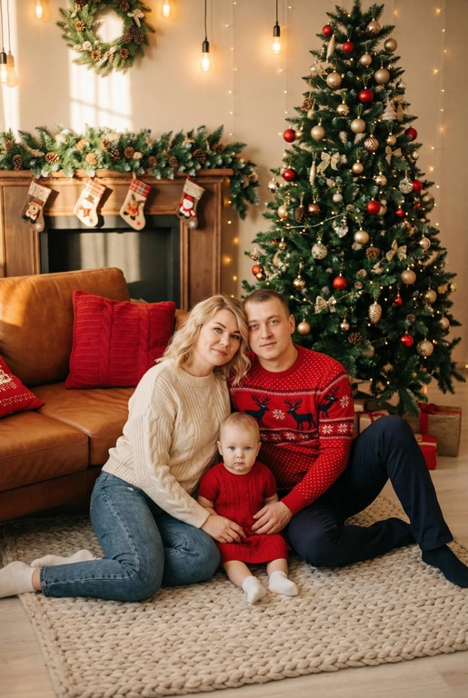   Создай трогательный кадр из профессиональной фотосессии в студии, где запечатлен момент семейной близости. Люди на фото могут быть как взрослыми так и детьми, в зависимости от предоставленных фото. Сделай так, чтобы все они смотрелись гармонично и трогательно. Фото в стиле Энни Лейбовиц, четкий фокус.

Люди в расслабленных позах на низком коричневом кожаном диване и на плотном светлом вязаном ковре. Естественные прически и минимальный макияж. 

Студия украшены в рождественском или новогоднем стиле, рядом с диваном стоит елка, позади дивана камин. Каминная полка украшена еловой гирляндой, шишками и маленькими рождественскими носочками. На диване красные декоративные подушки. В студии висят теплые гирлянды и мягко светятся.  

На фото видно лица людей и они смотрят в камеру.
 
Освещение мягкое, естественное, теплое, в стиле "Золотой час", мягкие тени, камера на уровне глаз, теплый цветовой грейд (золотисто-коричневые тона), натуральные оттенки, тонкая ретушь, мягкая пленочная текстура, атмосфера уюта, семейного тепла и близости. Одежда в новогоднем стиле: уютные свитера - красного или белого цвета, с узорами или вышивкой оленя, джинсы и бежевые брюки 