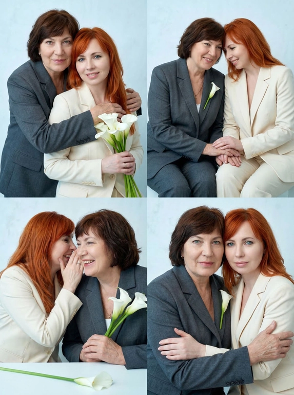 Фотореалистичный кинематографический коллаж в стиле фотобудки 2×2 из четырёх интимных портретов двух человек крупным планом, расположенных в бесшовной сетке 2×2, на каждом кадре показана разная поза и выражение лица.

Персонажи — это реальные люди с загруженной фотографии или фотографий. Использовать ТОЧНОЕ сходство лиц с реальными людьми с загруженного фото или фотографий:
узнаваемые черты лица, форма глаз, носа, губ, без изменения внешности, приоритет портретного сходства, с сохранением узнаваемости лиц, причёсок и пропорций.

Фотосессия к 8 марта. 
Создай трогательные кадры из профессиональной фотосессии в студии, где запечатлены моменты семейной близости двух людей. Сделай так, чтобы все они смотрелись гармонично и трогательно. Они одеты в дорогие костюмы. Освещение холодное. Фон светлый, бесшовный. Фото в стиле Энни Лейбовиц, четкий фокус. Они смотрят в камеру с мягкой улыбкой.

Какие будут цветы?: Каллы