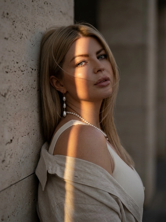 Luxury editorial portrait, кадр по плечи. Женщина стоит вплотную к светлой каменной стене.
Стена находится строго за её спиной и слева в кадре. К стене прижаты верхняя часть спины и левое плечо. Женщина стоит к камере боком, корпус развернут вправо в 3/4, грудь направлена от стены в сторону камеры. Голова резко повернута назад к камере и слегка наклонена вниз. Взгляд в камеру, губы слегка приоткрыты, выражение спокойное, уверенное. На ней молочный плотный топ в рубчик с открытыми плечами, сверху светлая льняная рубашка спущена с плеч. жемчужная нить на шее, длинная серьга с жемчугом. Волосы: несколько прядей слегка раздувает вечерний ветер, перекрывают лицо.
Тёмный закатный golden hour: узкая вертикальная полоса тёплого света освещает один глаз, часть лба, нос, шею и плечо, остальное в тени. Тёмный архитектурный фон мягкий.