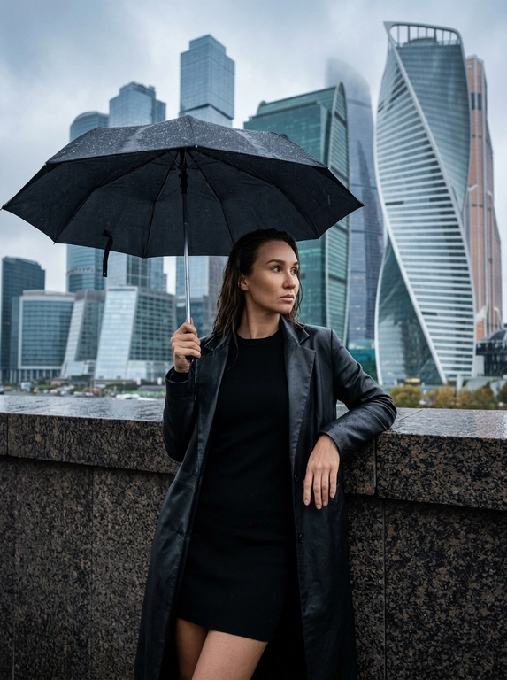 Городской портрет. Женщина у каменного ограждения на фоне башен «Москва-Сити». Корпус и тело женщины повернуты прямо к камере. Женщина стоит у современного каменного ограждения, строго опершись на него правым локтем и смотря в сторону-вправо. В левой руке раскрытый чёрный зонт, женщина находится под зонтом.

Фон: за спиной возвышаются небоскрёбы делового центра «Москва-Сити» под пасмурным дождливым небом. Вокруг холодная осенняя атмосфера. Мягкий рассеянный свет подчёркивает текстуру камня и грани стеклянных башен. Стиль lifestyle-блога.

Камера: объектив 85mm, f/2.2, ISO 100, RAW. Звенящая резкость на волосах, каменном парапете и ресницах. Visible pores, no plastic skin, no AI smoothing.

Запрет: каких-либо металлических поручней и перил.

Одежда: Лаконичное вязаное чёрное мини-платье по фигуре. Сверху длинное чёрное кожаное пальто свободного кроя, расстёгнутое.