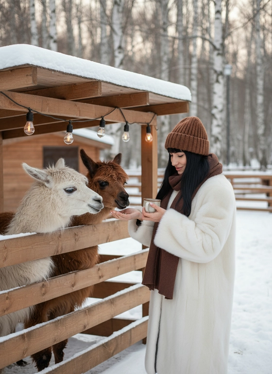 Фотореалистичная, вертикальная сцена 2:3, дневной зимний парк с берёзовой рощей на заднем плане и деревянным загоном: девушка, не меняй черты лица в длинном белом пушистом меховом пальто, тёмно-коричневом шерстяном шарфе коричневой вязаной шапке кормит лам (альпак) через деревянный забор; она держит керамический стакан и протягивает корм рукой к любопытным ламам. Три ламы разного окраса — кремово-белая, светло-коричневая и тёмно-коричневая/чёрная — высовывают шеи через ровно сколоченные деревянные рейки; на крыше и земле мягкий снег, на навесе висят тёплые ретро-лампочки, на заднем плане видна небольшая деревянная бытовка с заснеженной крышей и стройные голые берёзы. Естественный мягкий дневной свет, тёплая цветокоррекция, высокая детализация текстур: видна пушистая шерсть лам, ворс и вязка шарфа, деревянная фактура и следы снега, капли влаги на мордах животных; малый фокус на лицах животных и руках, лёгкое боке на фоне. Стиль: ультра-реалистичная фотография, 50mm, f/1.8, высокая резкость, 4k, естественные тёплые тона, без надписей, логотипов и водяных знаков, без артефактов, корректные пропорции и анатомия.
Волосы как на фото, челка как на фото