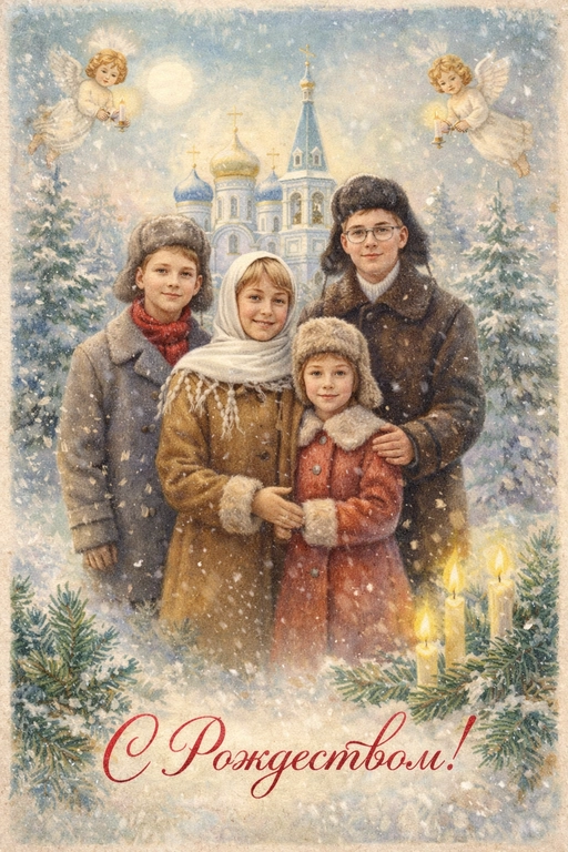 Создай винтажную рождественскую открытку со всеми людьми или одним человеком из предоставленных фотографий. Стиль - советские сказочные открытки 1950-1970-х годов, мягкая живописная иллюстрация, ощущение тепла и уюта. Композиция и формат: • Персонажи остаются в центре композиции • Фон - православная церковь, зимняя сказочная атмосфера Лица: • Лица сохранить максимально похожими на оригинальную фотографию (one-to-one likeness) • Без изменения черт лица, возраста и эмоций • Реалистичное сходство, аккуратная художественная стилизация без искажений. Одежда и образы: • Заменить современную одежду на старинную зимнюю советскую одежду. Если человек- женского пола , то добавь белый платок на голову. ⁠ Декор и детали:  • Хвойные ветки • ангелочки в сказочном стиле, церковные свечки • Лёгкий снег, морозные узоры Цвет и атмосфера: • Светлая, зимняя, мягкая цветовая палитра • Пастельные оттенки, эффект старой бумаги, легкое зерно • Сказочное, теплое новогоднее настроение  • Шрифт - изящный, рукописный, сказочный, в стиле советских открыток. Надпись: «С Рождеством!»