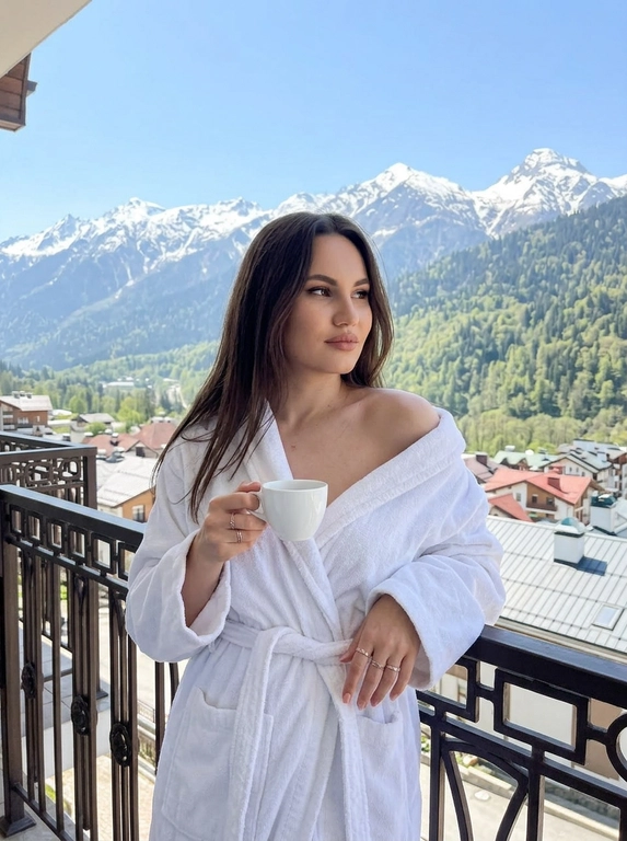 Женщина стоит на балконе на фоне горного пейзажа. Это расслабленный, возможно, отпускной кадр. Съемка выполнена днем, при ярком солнечном свете. Общая цветовая гамма светлая, с преобладанием белого, синего и зеленых оттенков.

Женщина одета в махровый белый халат, который слегка приспущен с плеч. В одной руке она держит белую чашку. Поза непринужденная, взгляд направлен немного в сторону. Руки украшены кольцами. Халат завязан на талии поясом. Балкон имеет металлическое ограждение темного цвета. На заднем плане видны заснеженные горные вершины и лесистые склоны. Внизу, между балконом и горами, видны крыши домов.