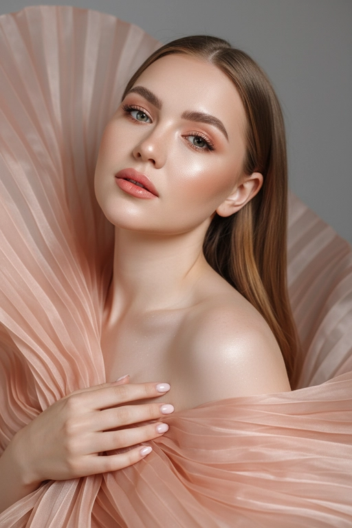    Создайте гиперреалистичный профессиональный студийный портрет женщины с волосами, уложенными на ровный пробор посередине, которые каскадом ниспадают на левое плечо (справа от зрителя) и частично скрыты за правым плечом (слева от зрителя). Камера снимается с немного низкого уровня глаз, глядя прямо на модель, охватывая ее от середины груди и выше. Голова слегка наклонена, взгляд прямой и притягательный.
Ее кожа безупречно гладкая и интенсивно сияет, словно подсвеченная мощным, сфокусированным источником света, подчеркивая мельчайшие поры и естественную текстуру кожи с сияющим, почти воздушным свечением, особенно в области декольте, плеч и верхних линий лица.

Её макияж тщательно проработан:
Глаза: чётко очерченные, ухоженные брови с заметными волосками, мягкие тени тёплых тонов (персиково-розовые и светло-коричневые) с лёгким мерцанием, чёткая чёрная подводка для глаз, создающая нежный кошачий взгляд, и идеально распущенные, объёмные ресницы, подчеркивающие каждую ресничку, с лёгким акцентом на нижних ресницах. Во внутреннем уголке глаза выделяется яркий блик. Радужки глаз отражают рассеянный студийный свет с изысканными узорами.
Щёки: лёгкий, растушёванный румянец натурального розового или персикового оттенка, изящно очерченные скулы и интенсивный, почти влажный блик на выступающих частях лица (скулы, переносица, дуга Купидона), создающий эффект увлажненности и сияния. Губы: губы нежного, естественного кораллово-розового или розово-персикового цвета с мягким атласным финишем, подчеркивающим тонкие естественные линии и текстуру губ, с лёгким бликом на дуге Купидона.

Она изящно одета в объёмную, струящуюся ткань с изящной плиссировкой, напоминающую прозрачный атлас или шёлк. Плиссированная ткань эффектно обрамляет фигуру, создавая объёмную, почти органичную форму, которая высоко поднимается за головой и огибает левое плечо (правое для зрителя), изящно струясь по груди и открывая обнажённые плечи. Материал обладает лёгким, сияющим блеском и мягкой полупрозрачностью, улавливая и отражая студийный свет, подчёркивая его роскошную текстуру и плавные движения. Складки очень детализированы, создавая глубокие тени и яркие блики, которые подчёркивают волнистую форму, а некоторые участки ткани также демонстрируют повышенную светоотражающую способность. Её правая рука (левая для зрителя) нежно касается ткани у груди, на ней видны ухоженные ногти. Освещение выполнено по принципу софтбокса, но с более сильным, концентрированным основным светом для создания интенсивного свечения, сохраняя при этом мягкие тени, которые подчёркивают черты её лица и изгибы плеч без резкости. Фон — гладкий, однотонный средне-серый, обеспечивающий чистый контраст и полностью фокусирующийся на модели. Общее впечатление — утончённая элегантность, изящество и гиперреалистичная детализация, передающая каждый нюанс её красоты, выражения лица и сложную текстуру её волос, кожи и одежды. Черты лица и особенности её внешности должны быть точно воспроизведены с референсной фотографии. Плиссированная ткань нежного, приглушённого персикового или пыльно-розового цвета