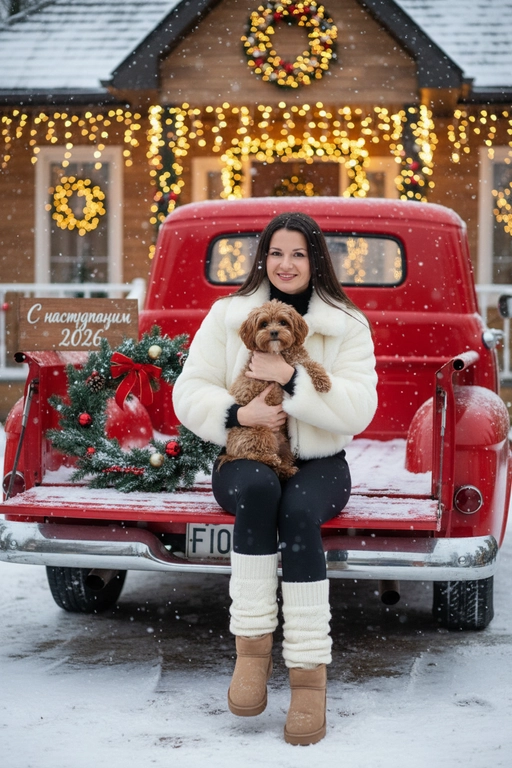 Портрет молодой женщины, сидящей на кузове винтажного красного грузовика. Девушка держит на руках животное. На ней коричневая дубленка с белой окантовкой из овчины по воротнику, манжетам и карманам, под дубленкой белый свитер с горловиной, черные лосины тканевые без блеска, на ногах укороченные, высотой до щиколоток коричнево-бежевые угги на платформе и кремовые гетры до середины икр, выглядывающие из уггов. 
Девушка смотрит в камеру, на ее лице легкая улыбка. 

На грузовике — праздничный рождественский венок. На земле лежит снег.

Мягкий снег падает. Атмосфера — реалистичная, теплая и немного кинематографичная. Сияющие рождественские огоньки и украшения создают яркую теплую атмосферу. Разрешение 8K, акцент на текстуру одежды, снег и сверкающие огоньки на заднем фоне. —ar 3:4 —v.

Не меняй черты лица.  Девушка брюнетка. В белой укороченной шубке и черных легинсах.  Держит на руках коричневого мультипу . На доме табличка С наступающим 2026 