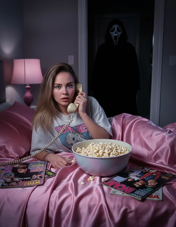 Сделай фото не искажая лица - оно должно оставаться такими же, как на приерепленной фотографии, эстетика Y2K, сцена из фильма "Крик" 90-х. Персона лежит на кровати, застеленной атласными простынями розового цвета. Персона прижимает к уху старинный стационарный телефон кремового цвета со смотанным шнуром. Рядом с ней стоит миска, наполненная попкорном, и несколько разбросанных подростковых журналов 90-х годов. На заднем плане, в темном дверном проеме коридора, в тени скрывается зловещая фигура Ghostface, его маска частично скрыта, он наблюдает за ней.