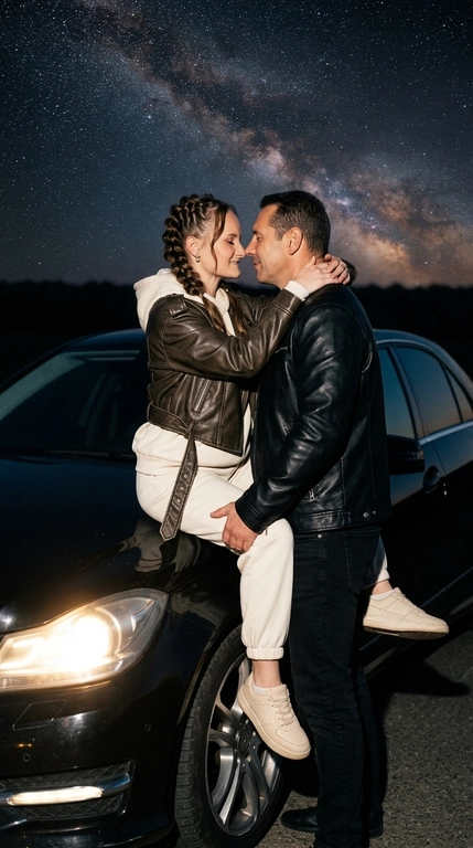 Реалистичное ночное фото пары у чёрного Mercedes-Benz. Камера сбоку. Женщина сидит на капоте, мужчина стоит рядом и держит её за ногу, они близко друг к другу, носы почти соприкасаются, глаза закрыты. Лёгкие улыбки у обоих. Руки женщины обнимают его за шею, естественная романтичная поза. Ноги женщины скрещены за спиной мужчины. Камера на уровне груди, средний план. Shot on Sony A7 IV RAW, 50mm, ISO 800, f/1.8. Яркая вспышка, мягкий тёплый свет от автомобиля, глубокие тени.

Женщина в стильном молочном спортивном костюме oversize, в стильной тёмно-коричневой кожаной куртке oversize сверху, брендовые светлые кроссовки. Мужчина в чёрной кожаной куртке, чёрных джинсах.

Фон: чёрный автомобиль, звёздное небо, Млечный Путь, ночной горизонт. Visible pores, real skin texture. No plastic skin. Стиль lifestyle-блога. Естественные пропорции тела. HDR, film grain, cinematic color grading, luxury night photography.
