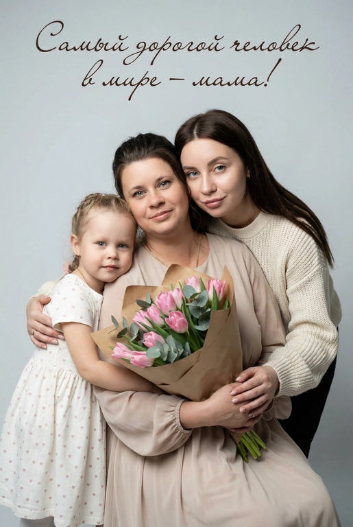 Создай трогательный кадр из профессиональной фотосессии в студии, где запечатлен момент близости матери и ее ребенка/детей. Дети могут быть как взрослыми так и детьми, в зависимости от предоставленных фото. Сделай так, чтобы все они смотрелись гармонично и трогательно. Мама одета в светлое платье. Ее дети/ребенок одеты в подходящую по стилю фотосессии. Освещение холодное. Фон светлый, бесшовный. Фото в стиле Энни Лейбовиц, четкий фокус. У мамы в руках букет розовых тюльпанов и эвкалипта в крафтовой бумаге. Люди смотрят в камеру с мягкой улыбкой. Наверху поверх фото красивым рукописным шрифтом с завитками написано:  Самый дорогой человек в мире – мама!