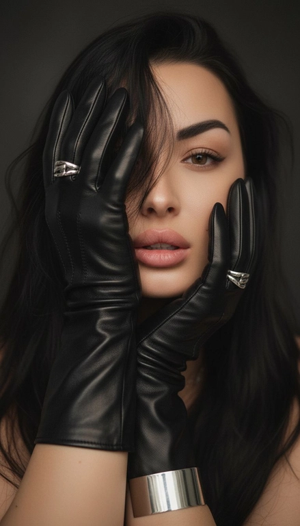 Модный портрет женщины, крупным планом,  в черных кожаных перчатках.  Руки частично заслоняют лицо. Перчатки создают интригующую композицию: одна рука закрывает часть лица, а другая лежит на противоположной стороне, тонко обрамляя нежные черты модели. Губы женщины видны, слегка приоткрыты, глаза открыты, голова слегка наклонена вперед. Несколько прядей волос свободно падают на ее лицо, добавляя ощущение движения. Текстура кожи очень детализирована, демонстрируя поры ее лица. Перчатки блестящие и плотно прилегающие, с тонкими, замысловатыми деталями. Серебрянные массивные кольца видны на пальцах, усиливая ощущение роскоши, а серебрянные браслеты обхватывают запястья. Мягкое, но драматичное освещение подчеркивает текстуру перчаток и кожи, создавая поразительный контраст на темном, мрачном фоне. Общая атмосфера интимная, элегантная и изысканная.
