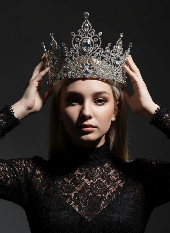 Модный портрет женщины крупным планом, стоящей прямо перед камерой, со слегка приподнятым подбородком. Она держит двумя руками почти над головой искусно выполненную корону с богатым филигранным орнаментом и крупными сверкающими драгоценными камнями. Корона находится в резком фокусе, отбрасывая тень на лицо. Освещение падает сверху, подчёркивая корону и создавая драматичный, контрастный эффект. Тёмная тень на лице усиливает ощущение таинственности и элегантности. Её платье – из тонкого чёрного кружева с высоким воротом. Фон темный, усиливая драматизм. Корона цвета белого золота.