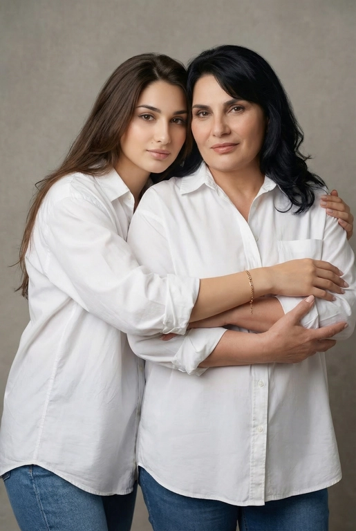Используй эти два фото мамы и дочери и создай для них студийный портрет в чистом и элегантном стиле. Они стоят рядом, очень близко друг к другу. Дочь мягко обнимает маму за руку и слегка к ней прижимается со спины. Мама сложила руки перед грудью. Образ минималистичный, современный и стильный. На руке у матери тонкий золотой браслет. Профессиональный макияж и прическа.  Не менять черты лица ни на 1 процент. Фон — нейтральный серый с мягкой текстурой. Освещение рассеянное, мягкое, подчёркивающее естественные тона кожи. Атмосфера тёплая, нежная и спокойная, в стиле журнальной съёмки. Обе в свободных стильных белых рубашках с подвернутыми рукавами и джинсах.