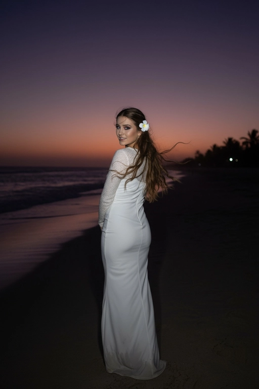 Сделай фото, будто я на пляже, где темно, но кто-то сфотографировал меня со вспышкой, и мое лицо немного блестит и светится, заднем плане закат, как будто солнце село на 98%, оставив фиолетовый оттенок, и само по себе почти темно. Фото сделано из-за моей спины, как будто  мне сказали, повернуться. Я в белом облегающем платье с цветком, заправленным в волосы. Волосы должны развеваться так, как будто дует слегка ветер.