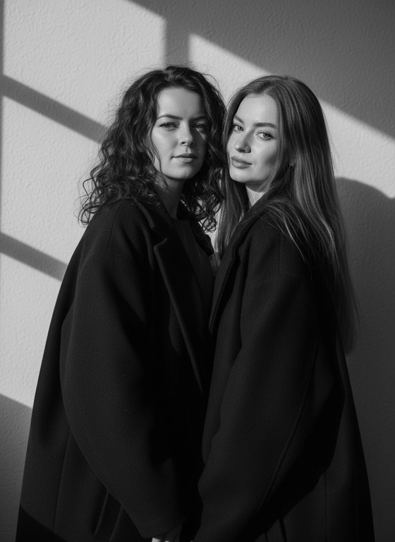 Не меняй черты лица и причёски, первая модель с большой грудью. Черно-белый эстетичный портрет двух подруг ,которые изображены на фото, как на прилагаемом изображении. На них темное пальто большого размера, их лица частично закрыто растрепанные, пышные волосы. Их поза эмоциональная, интроспективная и уверенная.Тень от окна падает на стену позади них, создавая меланхоличную и артистичную атмосферу»

