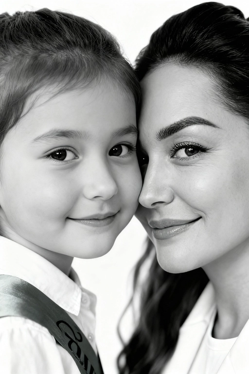 Сверхреалистичная черно-белая художественная фотография 8K женщины и ребенка, снятая очень крупным планом, щека к щеке так что видны только правая половина лица женщины и левая половина лица ребенка. которые смотрят в камеру. Их лица расположены рядом, почти соприкасаясь, образуя идеально сбалансированную симметричную композицию. Каждая деталь передана с фотографической точностью: тонкая текстура кожи и плавные градиенты света и тени. Видимая половина женщины включает ее бровь, один глаз , часть ее носа, щеку и губы, слегка приоткрытые в нежной, естественной улыбке, Видимая половина ребенка включает один глаз , круглую мягкую щеку, часть носа и небольшую улыбку, Фон белый и слегка размытый, что подчеркивает эмоциональную близость между ними. Освещение мягкое и рассеянное, создает деликатный контраст и тональную глубину. На снимке запечатлены нежность, близость и связь между матерью и ребенком, запечатленные с потрясающей реалистичностью. Не меняй черты лиц. 