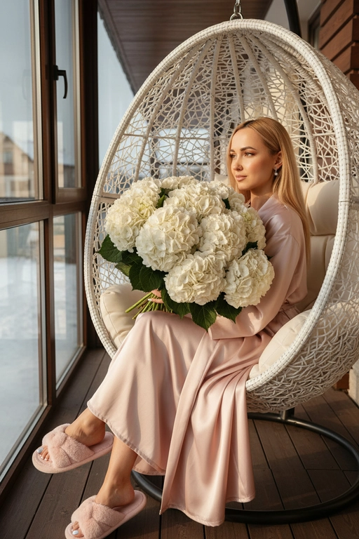 Гиперреалистичная фотография женщины, зима, сидящей полубоком на закрытой веранде с видом на дом в кресле коконе белом и держащей в руках очень большой, пышный букет, состоящий из множества белых цветов — круглых, густых, многоцветковых, с пышными соцветиями и зелеными листьями. Букет объемный, он явно состоит из десятков отдельных гортензий, а не из единого бутона. в ушах маленькие красивые серьги. ногти молочного цвета. Волосы с аккуратной легкой укладкой. 
На ней халат шелковый как кимоно в пол на ногах пушистые тапки.
Ее макияж выполнен в стиле мягкого глэма: сияющая кожа. Она позирует в полупрофиль.
Золотистый естественный свет проникает сбоку, отбрасывая резкие, но мягкие тени на складки ткани . Цвет халата - нежно-розовый, цвет тапок - нежно-розовый