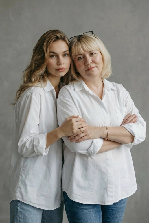 Используй эти два фото мамы и дочери и создай для них студийный портрет в чистом и элегантном стиле. Они стоят рядом, очень близко друг к другу. Дочь мягко обнимает маму за руку и слегка к ней прижимается со спины. Мама сложила руки перед грудью. Образ минималистичный, современный и стильный. На руке у матери тонкий золотой браслет. Профессиональный макияж и прическа.  Не менять черты лица ни на 1 процент. Фон — нейтральный серый с мягкой текстурой. Освещение рассеянное, мягкое, подчёркивающее естественные тона кожи. Атмосфера тёплая, нежная и спокойная, в стиле журнальной съёмки. Обе в свободных стильных белых рубашках с подвернутыми рукавами и джинсах.